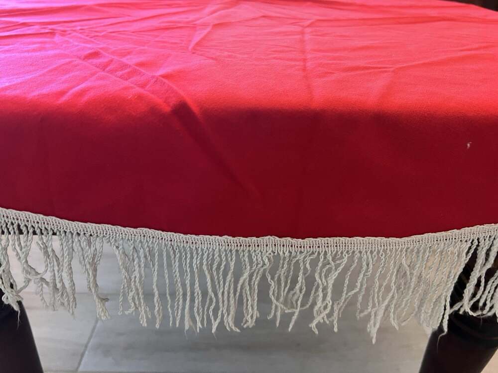 Vintage Retro Red Round Christmas Cotton Tablecloth w/ Laced Long Fringe 52"